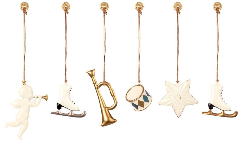 Maileg Baumschmuck weiss, gold 6 Stk Engel, Stern, Trompete, Trommel, 2 Schlittschuhe skandinavischer-weihnachtsbaum-schmuecken