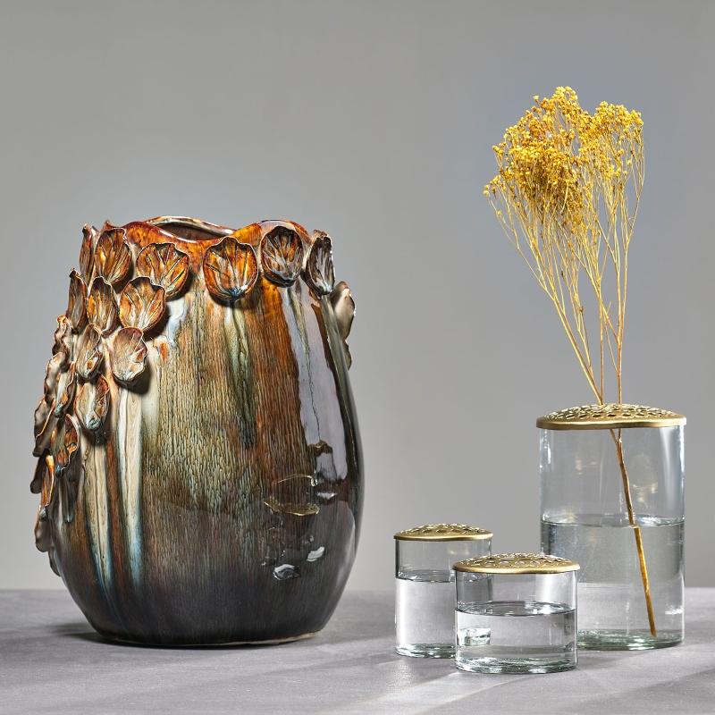 Villa-Collection-Vase-Blaetterdekor-Hoehe-29-5-cm-Steingut-braun-grau