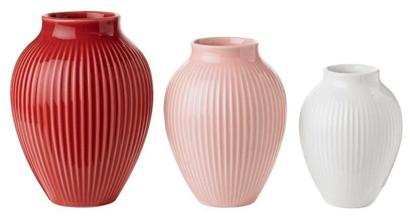 Knabstrup Keramik Vase Rillen 3 tlg Geschenkset weiss, rosa, bordeaux