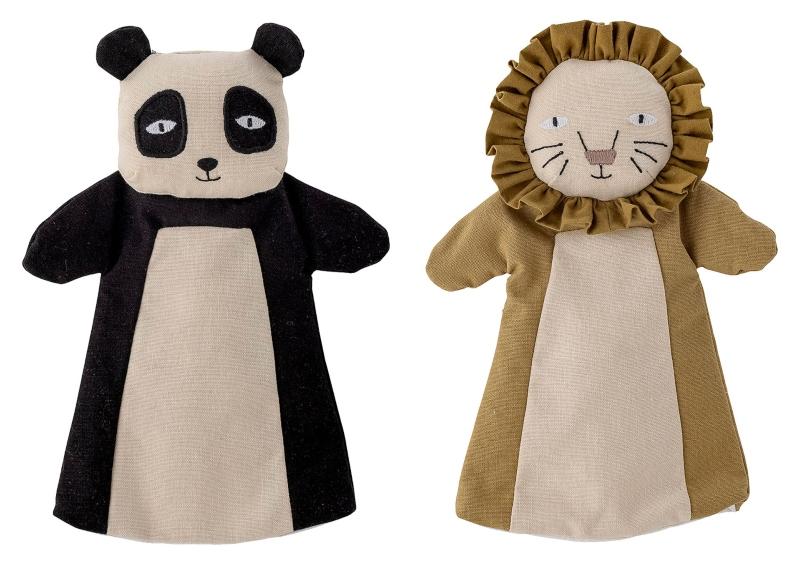 Bloomingville Flynn Loewe und Panda Handpuppe Kuschelspielzeug Set 3 tlg schwarz, beige, gelb