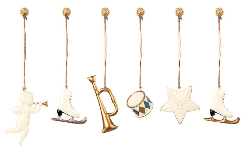Maileg-Baumschmuck-weiss-gold-6-Stk-Engel-Stern-Trompete-Trommel-2-Schlittschuhe