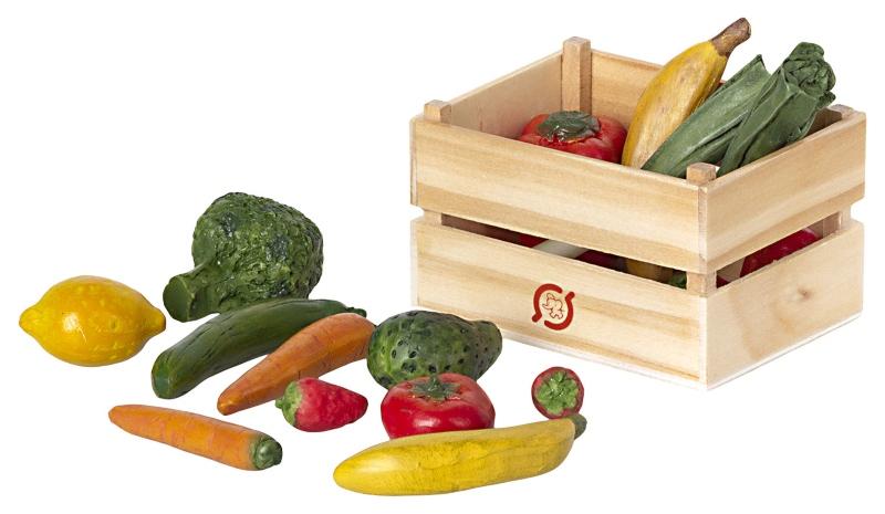 Maileg Lernspielzeug Gemuese und Obst in Kiste Hoehe 4,5 cm Laenge 7 cm Polyresin, Holz