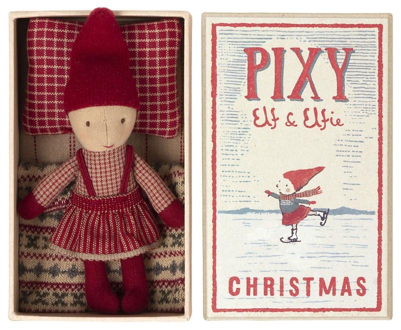 Maileg Pixy Wichtel Hoehe 14 cm in Box rotes Kleid Weihnachtsspielzeug