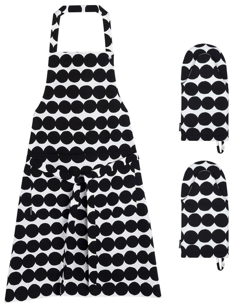 Marimekko Raesymatto Kuechentextilien-Set Schuerze & 2 Topfhandschuhe weiss, schwarz