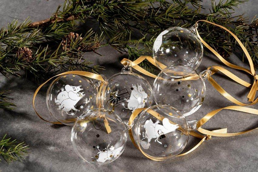 Muurla Mumin Funkelnde Sterne Christbaumkugel Vorder- & Rückseite dekoriert 3 Stk. gold, klar