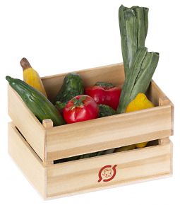 Maileg Lernspielzeug Gemüse und Obst in Kiste Höhe 4,5 cm Länge 7 cm Polyresin, Holz