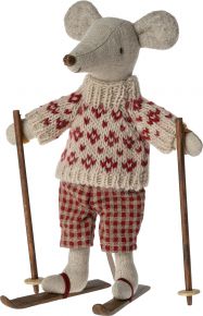 Maileg Maus Winter Mama mit Ski Höhe 15 cm beige, rot, grau, braun