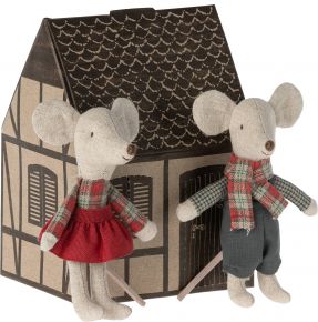 Maileg Maus Winter Zwillinge Kleiner Bruder & Kleine Schwester mit Haus aus Karton Höhe 13 cm