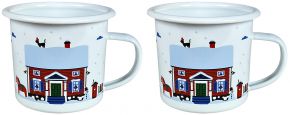 Citronelles Skandinavischer Winter Haus Tasse / Becher Emaille 0,3 l 2 Stk. blau, rot, weiß