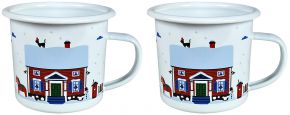 Citronelles Skandinavischer Winter Haus Tasse / Becher Emaille 0,3 l 2 Stk. blau, rot, weiß