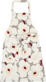 Marimekko Unikko Schürze (Öko-Tex) hellgrau, weiß, dunkelrot, gelb
