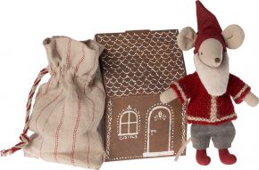 Maileg Maus Weihnachtsmann Großer Bruder Höhe 14 cm mit Lebkuchenhaus & Geschenksack mehrfarbig