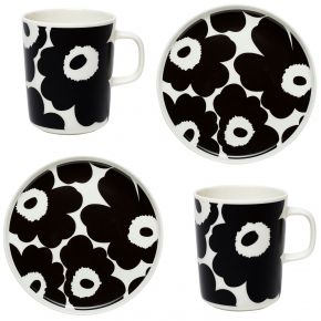 Marimekko Unikko Oiva Frühstücksset 4 teilig / Becher 0,25 l & Teller Ø 20 cm je 2 Stk. weiß, schwa