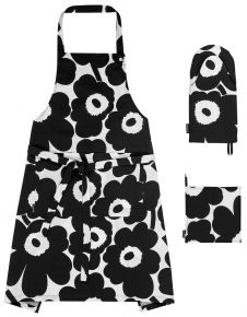 Marimekko Unikko Küchentextilien 3 tlg. Set / Schürze, Topfhandschuh & Topflappen weiß, schwarz