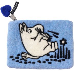 Klippan Mumins Mumin stolpert Filzbörse hellblau Handarbeit 10x14 cm