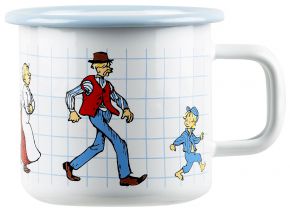 Muurla Michel in L. Das Katthultvolk Tasse / Becher Emaille 0,37 l weiß, blau, rot, gelb